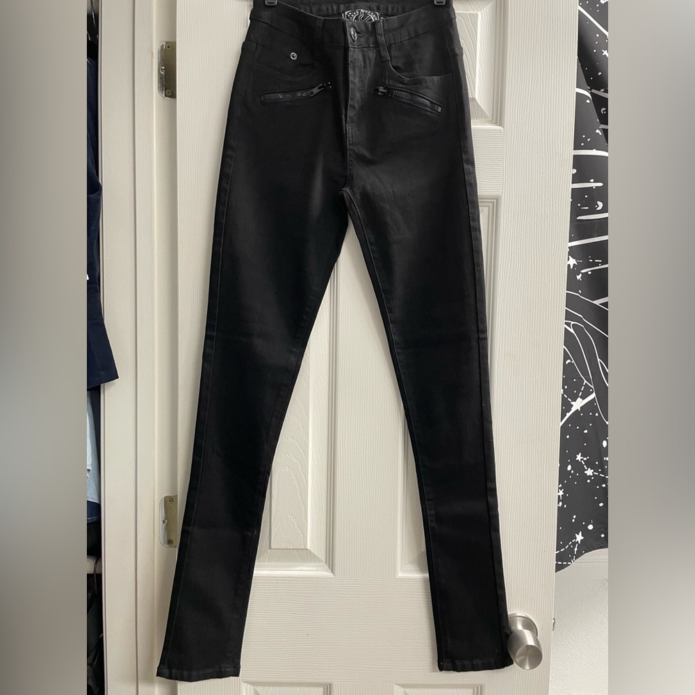 KILLSTAR Carpe Noctem Moto Zip Pocket Cross Embroidered Pocket Jeans